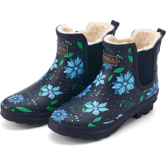 ⚡Women's Blue Flower Plush Rain Ankle Snow Boots Waterproof Chelsea Rubber - Picture 2 of 6